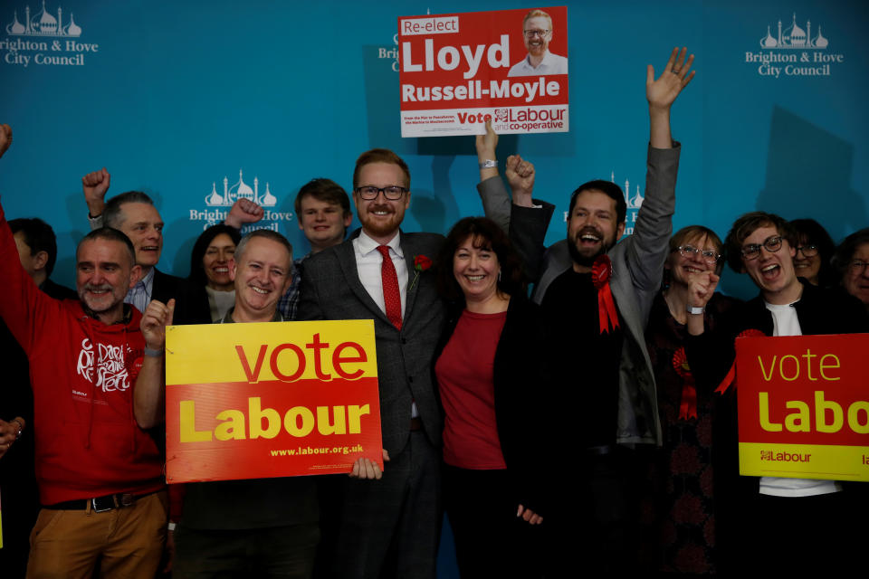 Labour Party candidate Lloyd Russell-Moyle celebrates with supporters after he is announced as the winner for the constituency of Brighton Kemptown at a counting centre for Britain's general election in Brighton, Britain December 13, 2019.  REUTERS/Paul Childs