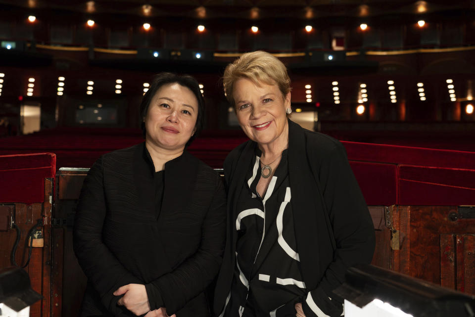 This image released by the Metropolitan Opera shows conductors Xian Zhang, left, and Marin Alsop at the Metropolitan Opera House in New York in April 2024. (Muriel Steinke/Metropolitan Opera via AP)