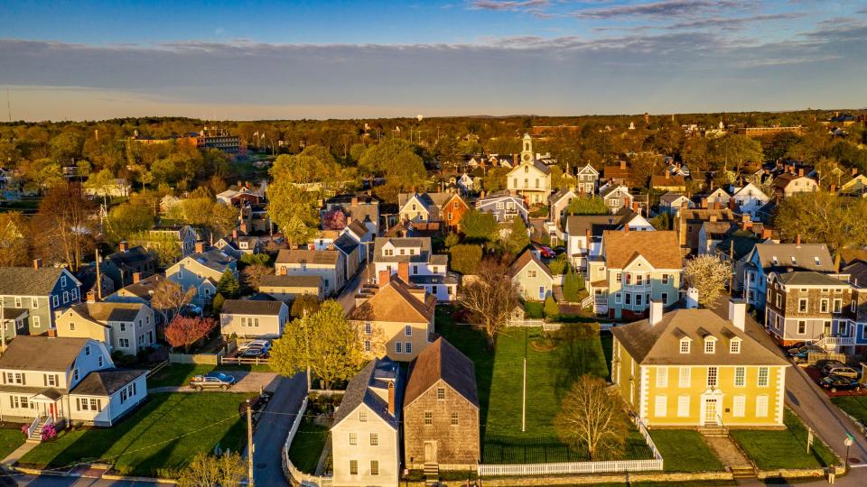 An aerial shot of houses in New Hampshire.