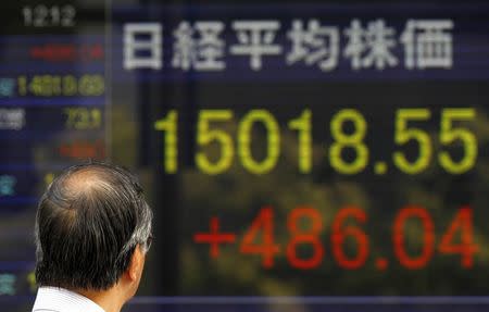 A pedestrian looks at an electronic board showing the Japan's Nikkei average outside a brokerage in Tokyo October 20, 2014. REUTERS/Yuya Shino