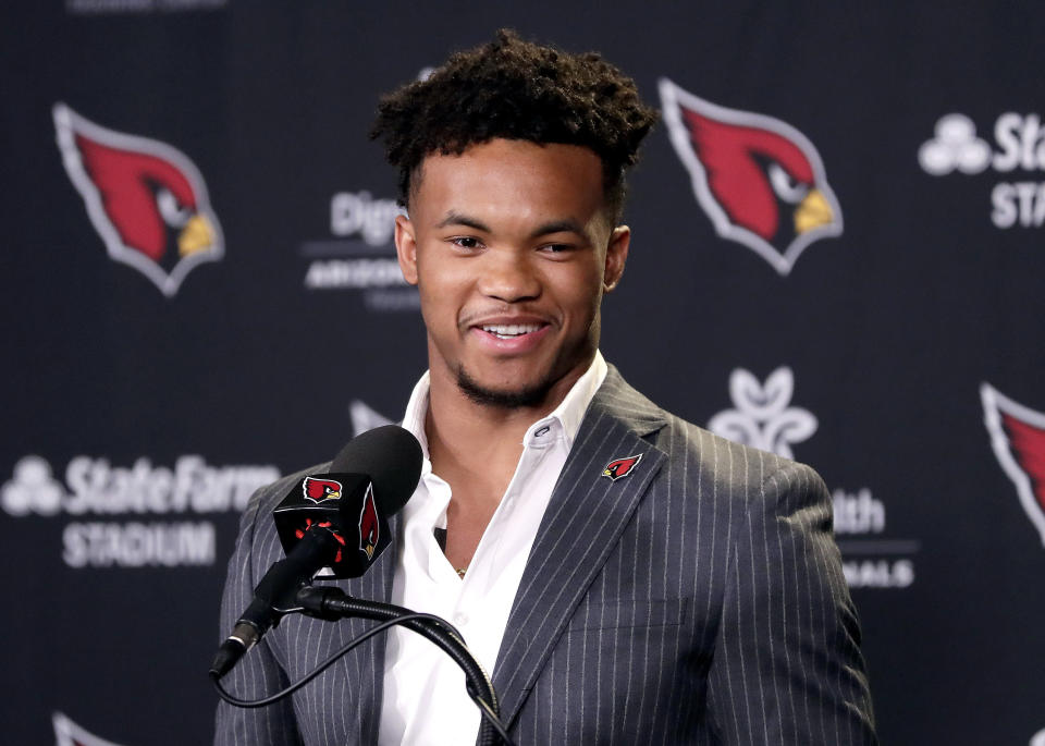 Arizona Cardinals NFL football quarterback Kyler Murray speaks to the media, Friday, April 26, 2019, at the Cardinals' practice facility in Tempe, Ariz. Murray was the first overall pick in the 2019 NFL Football draft. (AP Photo/Matt York)