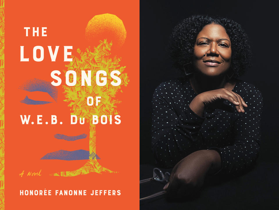 This combination of photos released by Harper shows cover art for "The Love Songs of W.E.B. DuBois," left, and a portrait of author Honorée Fanonne Jeffers.The book is an Oprah Winfrey book club pick. (Harper via AP, left, and Sydney A. Foster/Harper via AP)