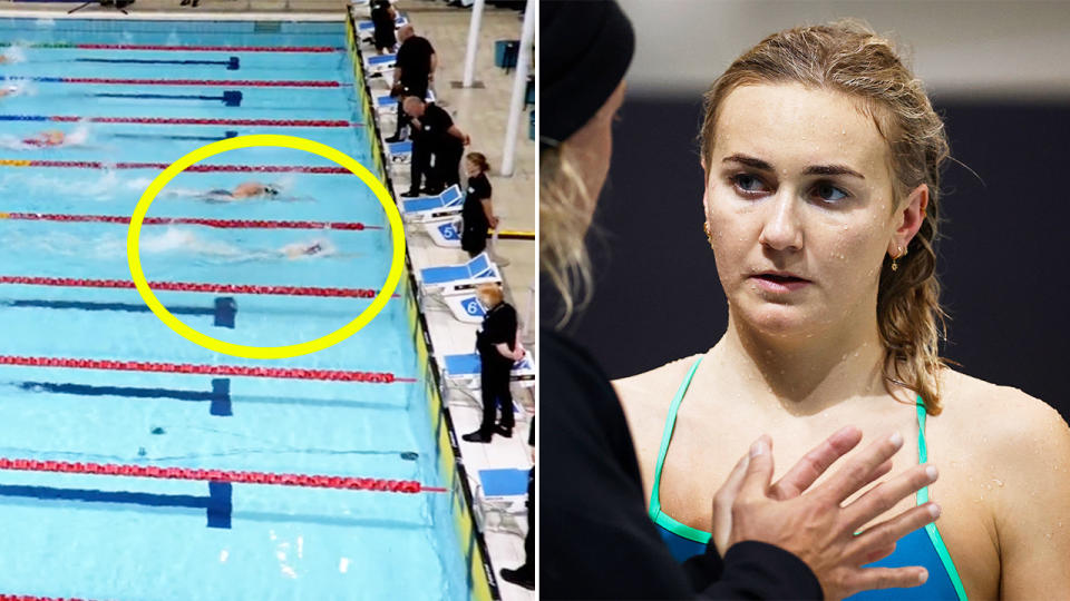 Mollie O'Callaghan defeating Ariarne Titmus and Titmus speaking to her coach after a swim.