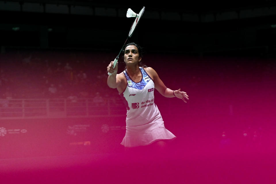 Pusarla Venkata Sindhu of India competes in the women's singles first round match against Pornpawee Chochuwong   of Thailand on day two of the Petronas Malaysia Open at Axiata Arena on June 29, 2022 in Kuala Lumpur, Malaysia.  (Photo by Zahim Mohd/NurPhoto via Getty Images)