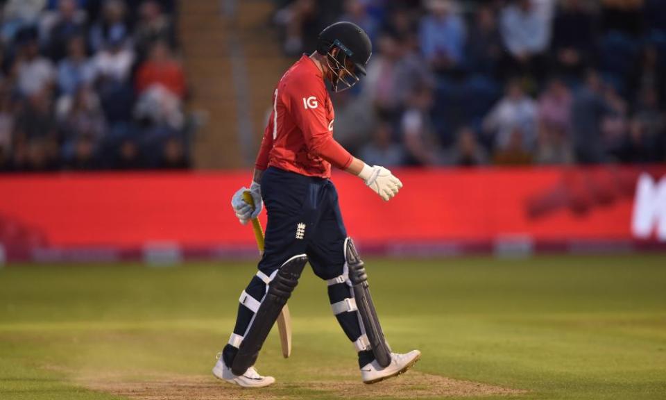 Jason Roy walks off after losing his wicket against South Africa in their T20 match in Cardiff
