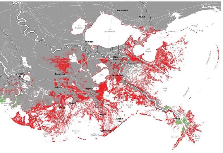 A map from Louisiana's coastal master plan shows land loss (red) in Terrebonne, Lafourche and across the state's coast that will occur if nothing is done to stop it. The projections are based on a "medium" scenario. Others are higher or lower based on estimates of erosion, sinking land and sea-level rise attributed to climate change.