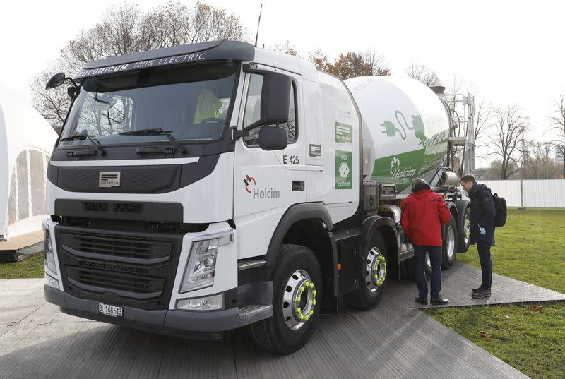 Futuricum E425 concrete mixer truck of Swiss cement maker Holcim is shown in Basel