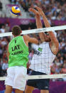 LONDON, ENGLAND - AUGUST 07: Alison Cerutti of Brazil blocks Martins Plavins of Latvia during the Men's Beach Volleyball Semi Final match between Brazil and Latvia on Day 11 of the London 2012 Olympic Games at Horse Guards Parade August 7, 2012 in London, England. (Photo by Ryan Pierse/Getty Images)