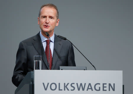 FILE PHOTO: FILE PHOTO: Herbert Diess, Volkswagen's new CEO, speaks during the Volkswagen Group's annual general meeting in Berlin, Germany, May 3, 2018./File Photo/File Photo