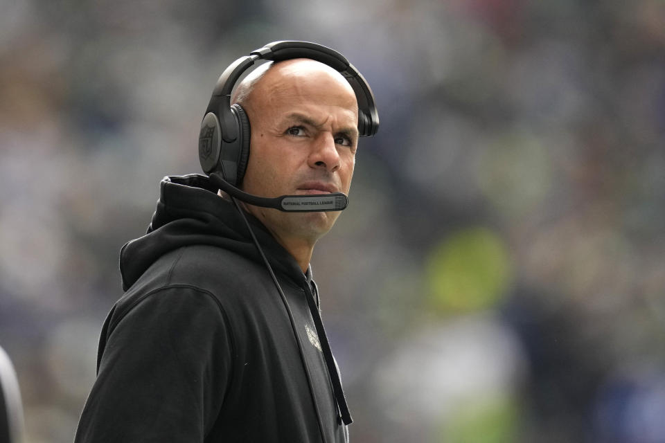 New York Jets head coach Robert Saleh watches during the first half of an NFL football game against the Seattle Seahawks, Sunday, Jan. 1, 2023, in Seattle. (AP Photo/Godofredo A. Vásquez)