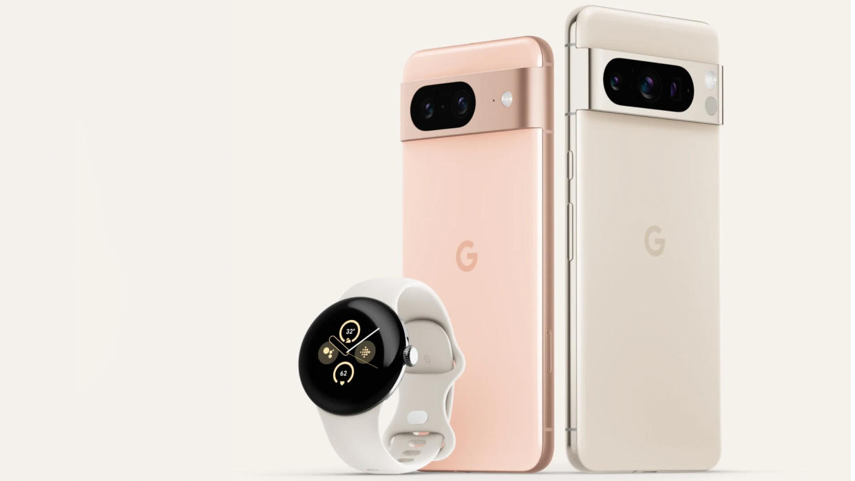  Google Pixel 8 Pro and Pixel 8 and Pixel Watch 2 from back in porcelain and rose 