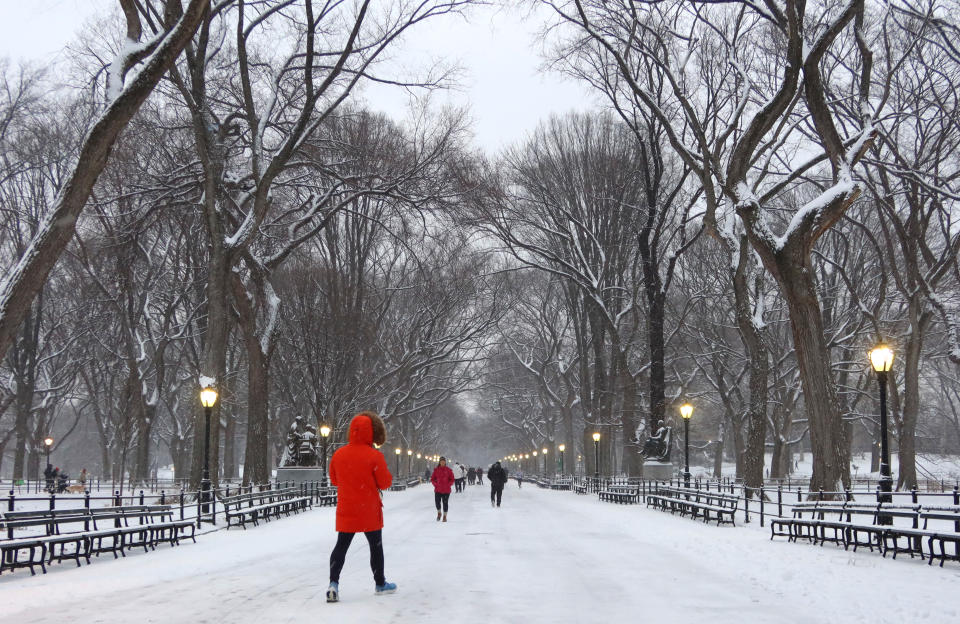 People walk along a path as snow falls in Central Park.