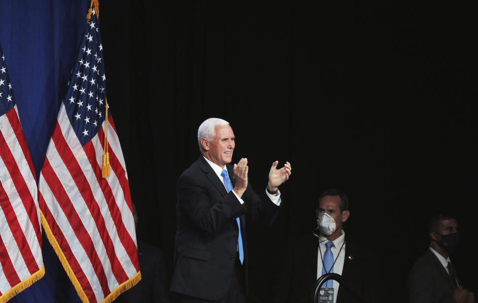 Vice President Mike Pence arrives to speak during the first day of the Republican National Convention Monday, Aug. 24, 2020, in Charlotte, N.C. (Travis Dove/The New York Times via AP, Pool)