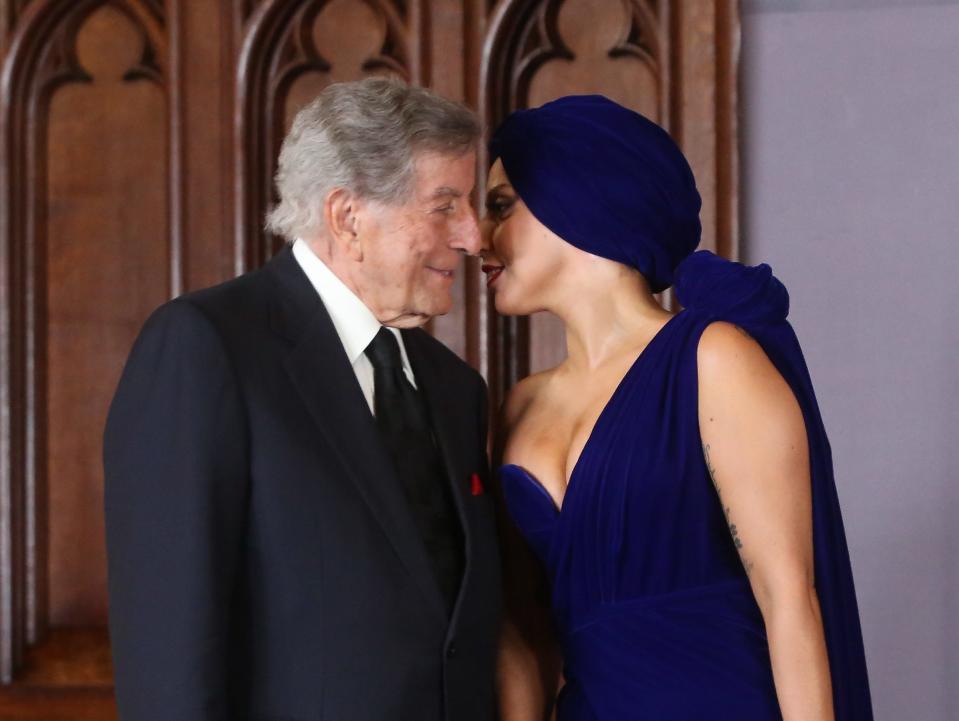 Artists Tony Bennett and Lady Gaga attend a press conference about the album "cheek to cheek" at City Hall on September 22, 2014 in Brussels, Belgium.