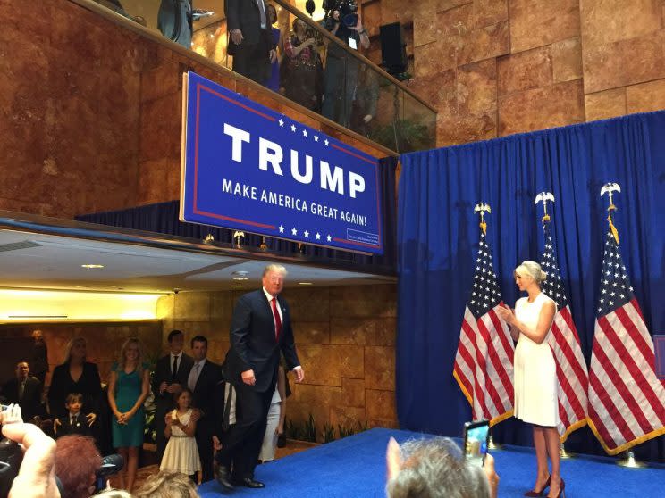Ivanka Trump introduces her father, Donald Trump, for his announcement at Trump Tower in New York on June 16, 2015. (Photo: Michael Walsh/Yahoo News)