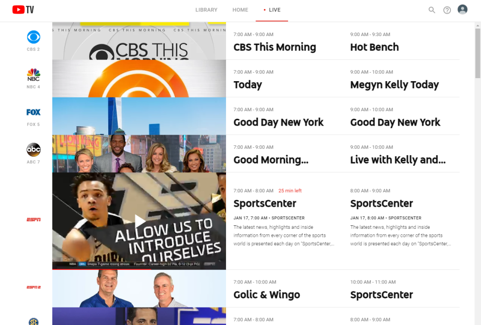 youtube tv's live content listings