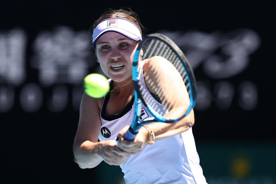 Sofia Kenin of The United States of America plays a backhand in her Women's Singles first round match against Maddison Inglis of Australia during day two of the 2021 Australian Open at Melbourne Park on February 09, 2021 in Melbourne, Australia. (Photo by Cameron Spencer/Getty Images)