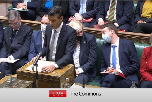 Rees-Mogg (far-left) claimed Tories weren't wearing masks because of their 'fraternal spirit' among each other (Photo: Sky News)