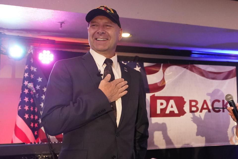 FILE - State Sen. Doug Mastriano, R-Franklin, a Republican candidate for governor of Pennsylvania, takes part in a primary night election gathering in Chambersburg, Pa., Tuesday, May 17, 2022. (AP Photo/Carolyn Kaster, File)