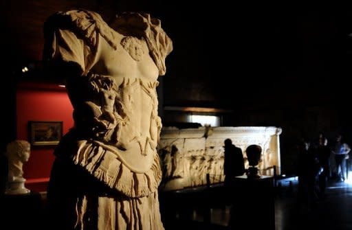 A cuirassed marble statue of Roman emperor Nero is pictured at the new exibition called "Nero" in Rome. Nearly two hundred pieces, including sculptures, reliefs, frescoes, paintings and artifacts from recent excavations will be shown during the exhibition from April 12 to September 18