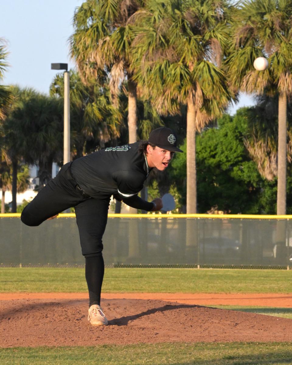 Suncoast pitcher Brady Benevides unleashes his favorite pitch during a game against Boca Raton on March 28, 2024.