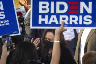 Democratic vice presidential candidate Sen. Kamala Harris, D-Calif., interacts with supporters during a campaign event at Morehouse College, Friday, Oct. 23, 2020, in Atlanta. (AP Photo/John Amis)