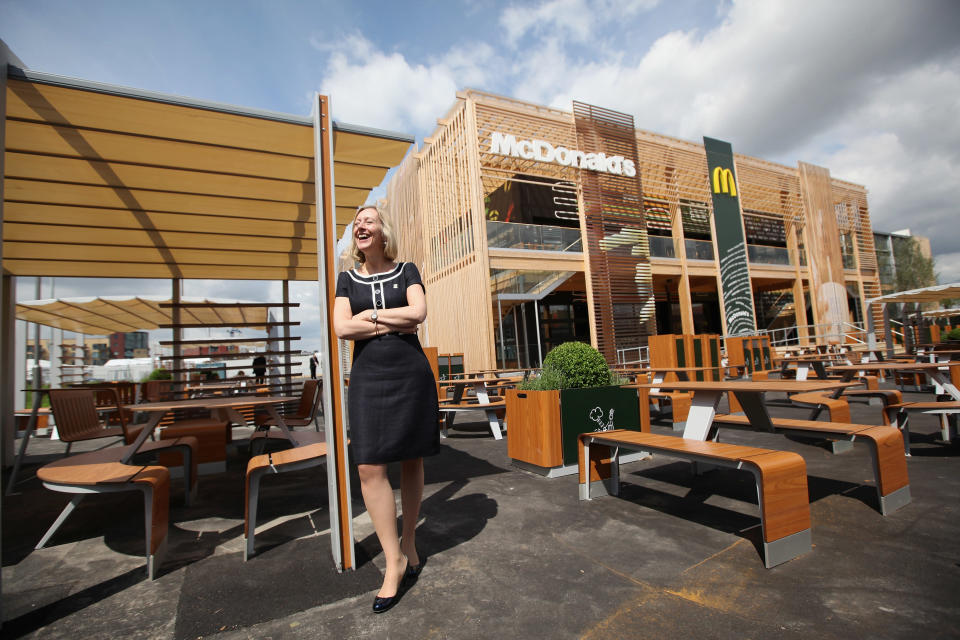 LONDON, ENGLAND - JUNE 25: Jill McDonald, the Chief Executive Officer of McDonald's UK, poses for a photograph in front of the world's largest McDonald's restaurant which is their flagship outlet in the Olympic Park on June 25, 2012 in London, England. The restaurant, which is one of four McDonald's to be situated within the Olympic Park, will have a staff of 500. After the Olympic and Paralympic Games conclude the restaurant will be dismantled and all fixtures and fittings will be either reused or recycled. (Photo by Oli Scarff/Getty Images)