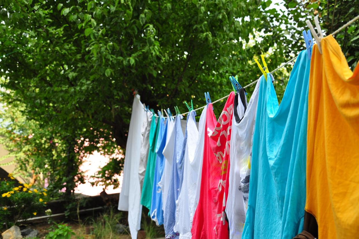 laundry hanging off clotheslines