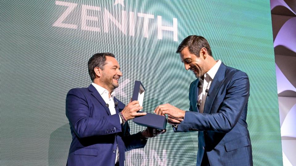 Zenith CEO Julien Tornare presenting the Zenith Chronomaster Sport Aaron Rodgers Limited Edition
