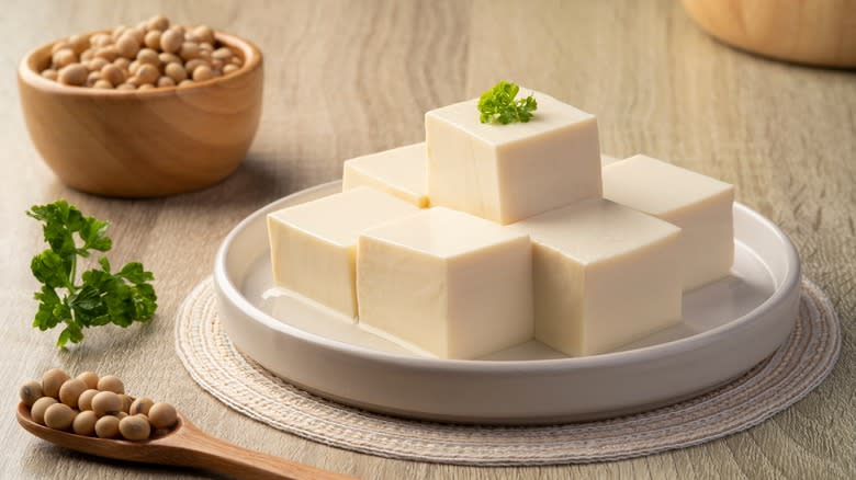 Sliced tofu on plate