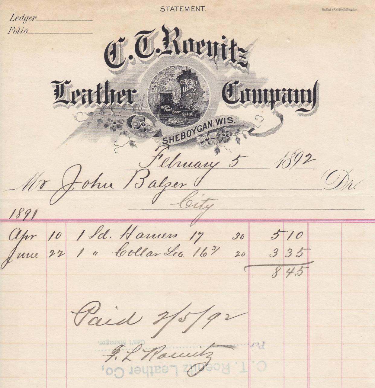 A receipt from the Roenitz Leather company was full of ornate details as seen in this scan of an original.