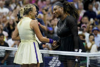 Serena Williams, of the United States, right, greets Anett Kontaveit, of Estonia, after defeating Kontaveit during the second round of the U.S. Open tennis championships, Wednesday, Aug. 31, 2022, in New York. (AP Photo/Seth Wenig)