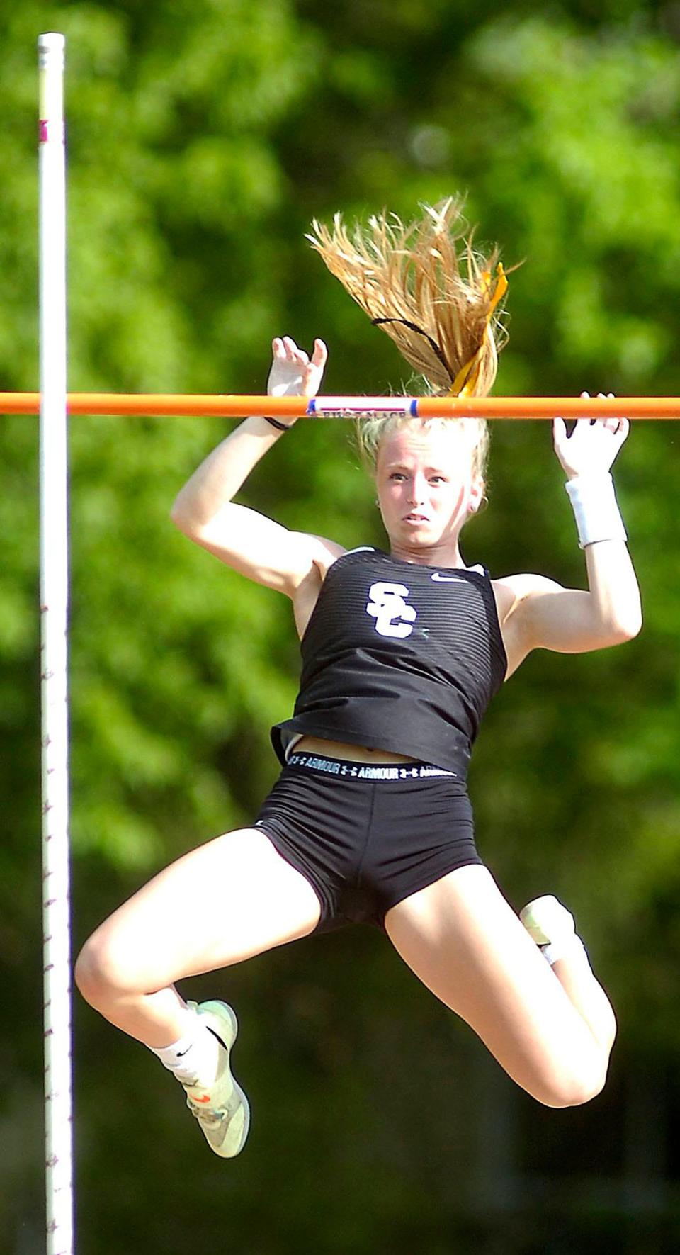 South Central's Onalee Keysor matched the conference record with this vault during the Firelands Conference track championships  at New London Friday May 13,2022. STEVE STOKES/FOR TIMES-GAZETTE.COM