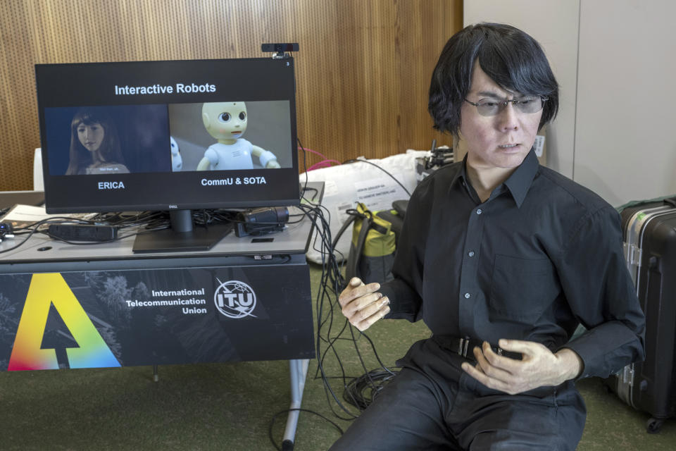 Humanoid robot Hiroshi 6 is pictured during the ITU's AI for Good Global Summit in Geneva, Switzerland, Wednesday, July 5 2023. Artificial intelligence (AI) and robotics innovators and their high-tech creations will join diplomats, industry executives, academics, policy-makers, and UN partners in Geneva from July 6-7 for ITU's AI for Good Global Summit. (Martial Trezzini/Keystone via AP)