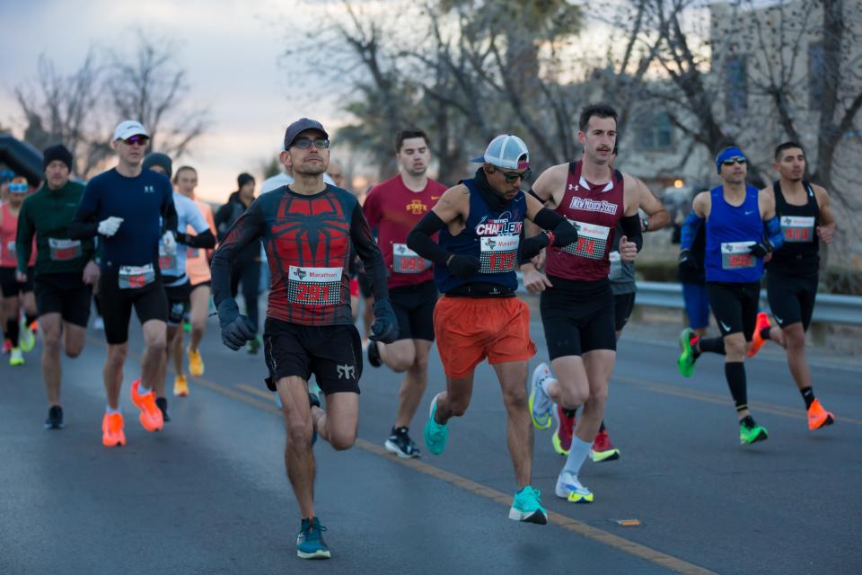 Runners take off for the 2023 Michelob Ultra El Paso Marathon on Sunday, Feb 12, 2023, at San Elizario High School, heading to the El Paso County Coliseum.