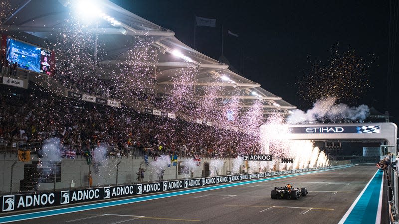 A photo of a Red Bull F1 car winning in Abu Dhabi