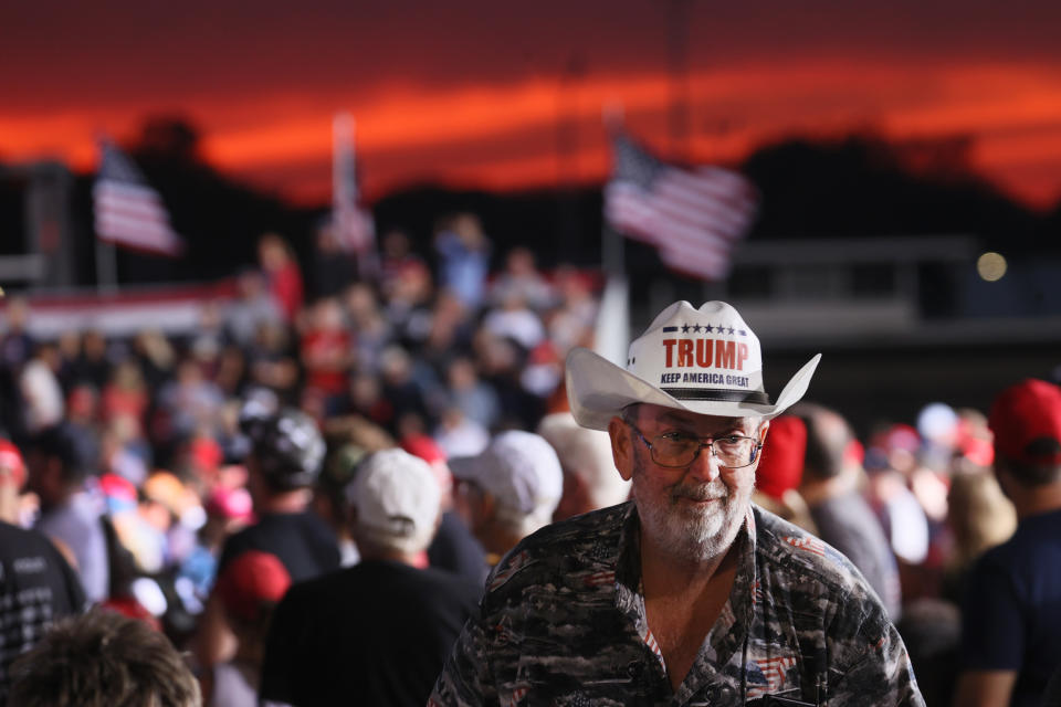 DES MOINES, IOWA - OCTOBER 09: Supporters gather for a rally with former President Donald Trump at the Iowa State Fairgrounds on October 09, 2021 in Des Moines, Iowa. This is Trump's first rally in Iowa since the 2020 election.  (Photo by Scott Olson/Getty Images)