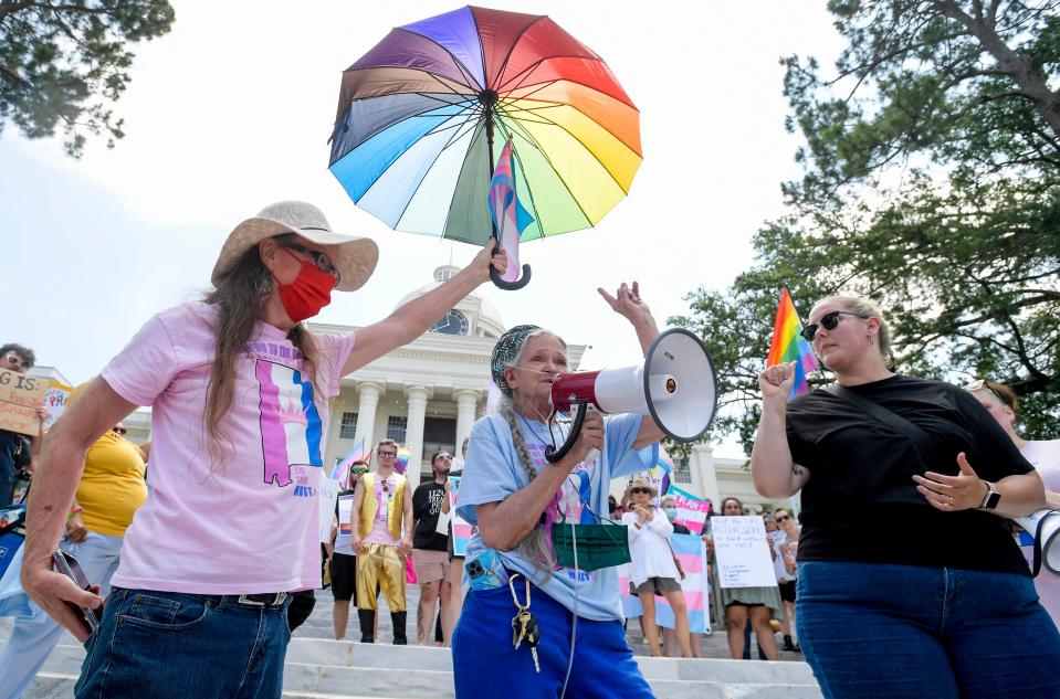 Protestors participate in the Drag Me to the Capitol march and rally against anti-trans bills in Montgomery, Alabama, on Tuesday, May 16, 2023. The march went from the state Supreme Court building to the State Capitol and then to the Alabama Statehouse.