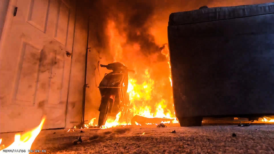 A test lithium battery fire by the Fire Safety Research Institute, in which a battery with disabled safety features created a violent explosion. (Fire Safety Research Institute)