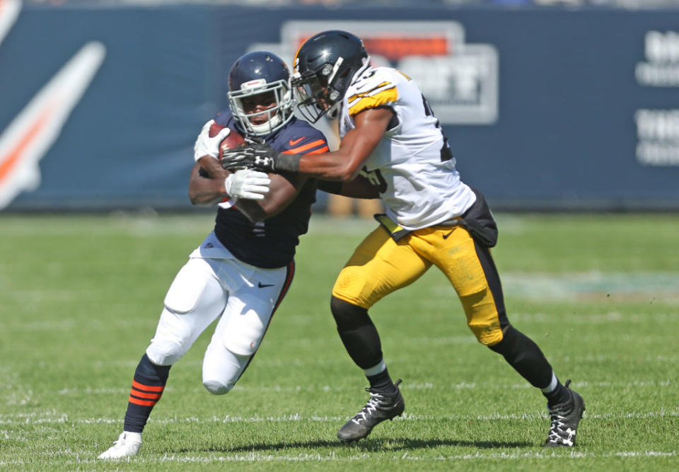 Sep 24, 2017; Chicago, IL, USA; Chicago Bears running back Tarik Cohen (29) runs with the ball while Pittsburgh Steelers free safety Mike Mitchell (23) defends during the first half at Soldier Field. Mandatory Credit: Dennis Wierzbicki-USA TODAY Sports