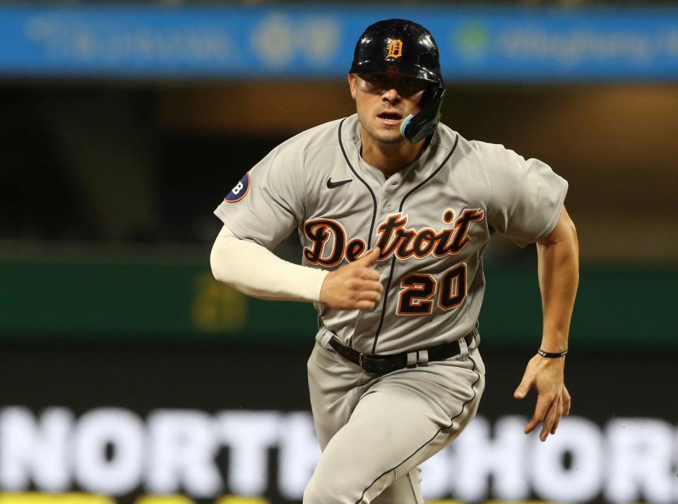 Tigers first baseman Spencer Torkelson runs from first to third base against the Pirates during the fourth inning on Tuesday, June 7, 2022, in Pittsburgh.