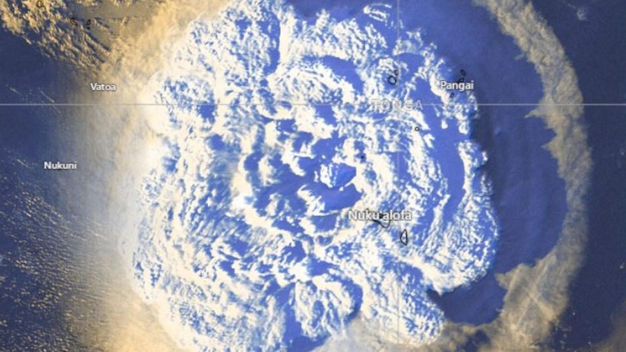 A satellite image of the volcano eruption
