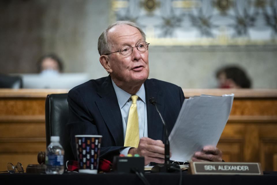 Sen. Lamar Alexander, R- Tenn., speaks during a Senate Health, Education, Labor and Pensions Committee hearing on Capitol Hill in Washington, Tuesday, June 30, 2020. (Al Drago/Pool via AP)