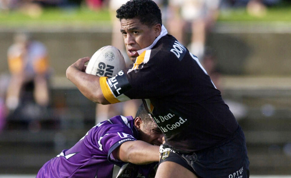 John Hopoate, pictured here playing for the Wests Tigers in 2001.