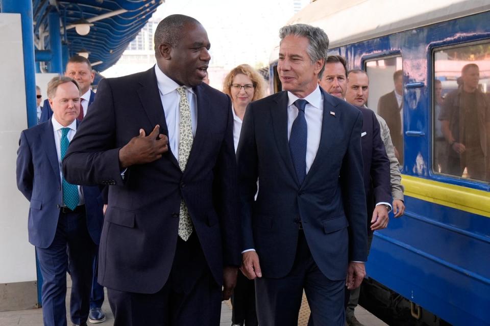 David Lammy (left) and Antony Blinken (right) arriving in Kyiv on Wednesday morning (POOL/AFP via Getty Images)