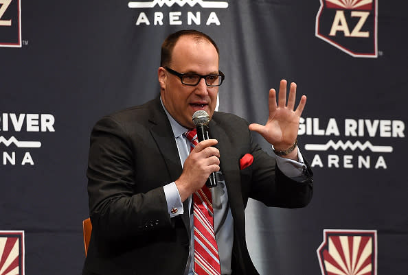 GLENDALE, AZ - MARCH 26: Anthony LeBlanc President and CEO of the Arizona Coyotes talks to a large group of fans during a Town Hall Meeting prior to a game against the Philadelphia Flyers at Gila River Arena on March 26, 2016 in Glendale, Arizona. (Photo by Norm Hall/NHLI via Getty Images)