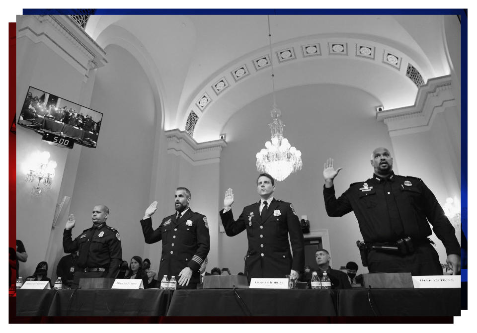 Police officers are sworn in before testifying.