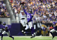 <p>Adam Humphries #10 of the Tampa Bay Buccaneers catches the ball over defender Terence Newman #23 of the Minnesota Vikings in the second half of the game on September 24, 2017 at U.S. Bank Stadium in Minneapolis, Minnesota. (Photo by Hannah Foslien/Getty Images) </p>