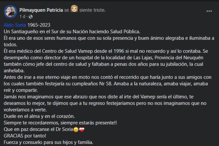 La despedida en redes a un médico que trabajaba en San Martín de los Andes