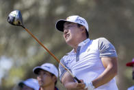 K.H. Lee, of South Korea, watches his drive down the second fairway during the final round of the CJ Cup golf tournament Sunday, Oct. 23, 2022, in Ridgeland, S.C. (AP Photo/Stephen B. Morton)